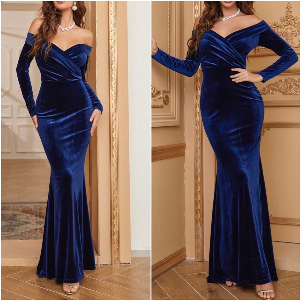 Luxe Velvet Off Shoulder formal party evening wedding prom dress - Picture 6 of 10